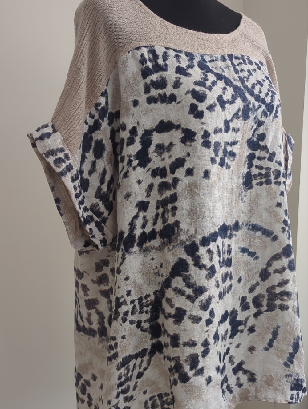 NWT Lungo L'Arno 100% Linen Tie-Dye Navy & Natural Mixed-Media Tunic - Picture 3 of 11